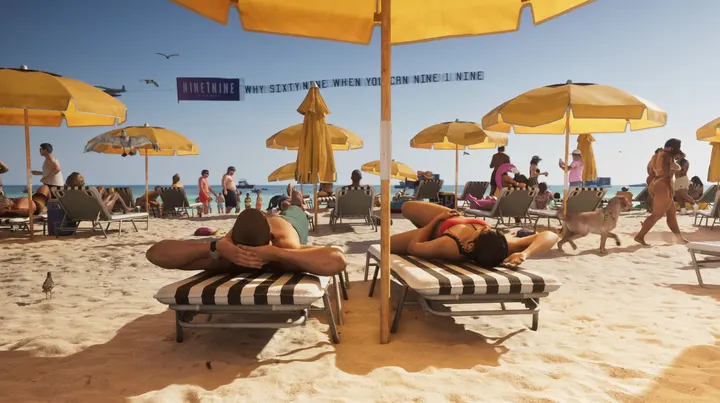 Sunbathers under yellow umbrellas