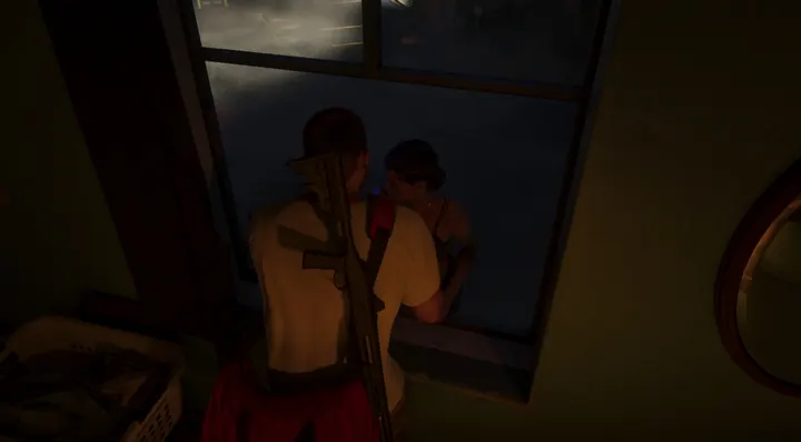 Window talk with rifle slung