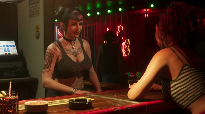 Neon dive bar conversation