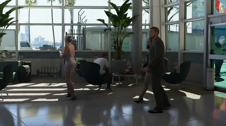 Suits in the sunlit lobby