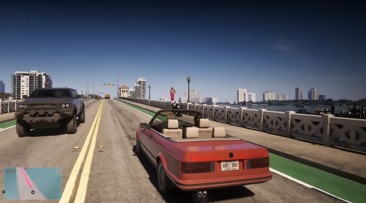 Red convertible on the bridge