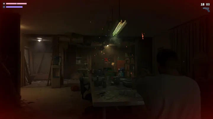 Workshop firefight under strip lights