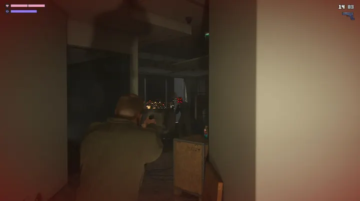 Pistol raised in the dim apartment
