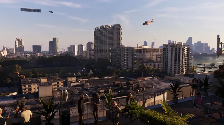 Rooftop party at golden hour