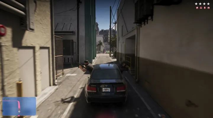 Alley standoff behind the sedan