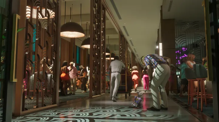 Art deco corridor with a tiny dog