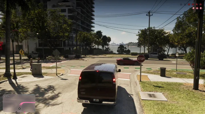 Van idling at the stop sign