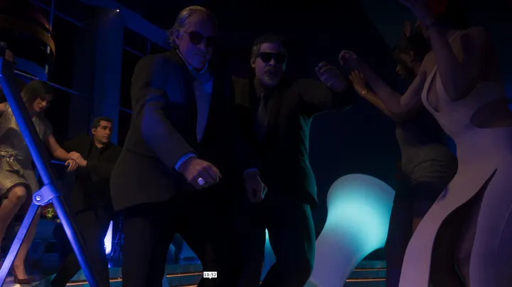 Suits dancing in the blue club