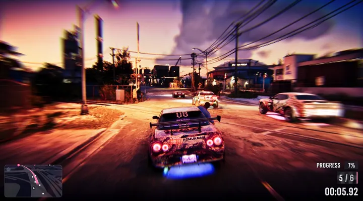 Street race in the violet dusk
