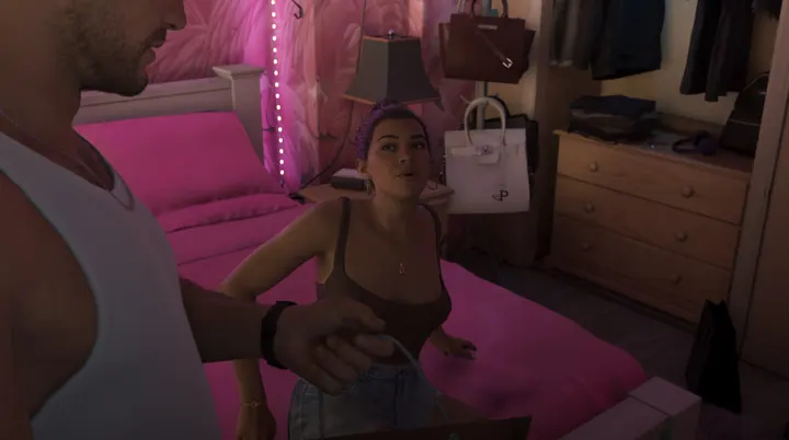 Purple hair in the pink bedroom