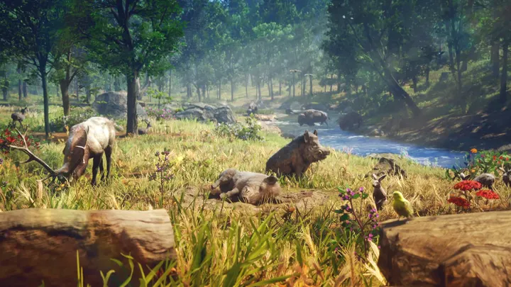 Boar and deer by the creek