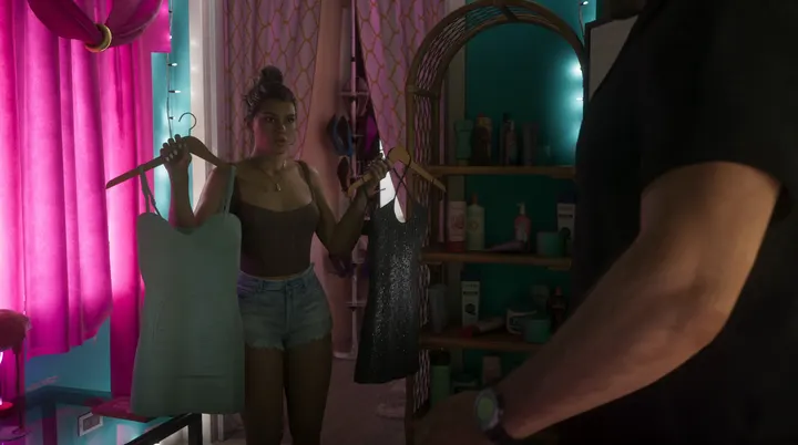 Lucia choosing between two dresses