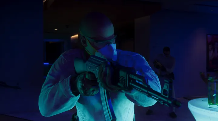 Goggled gunman in the blue light