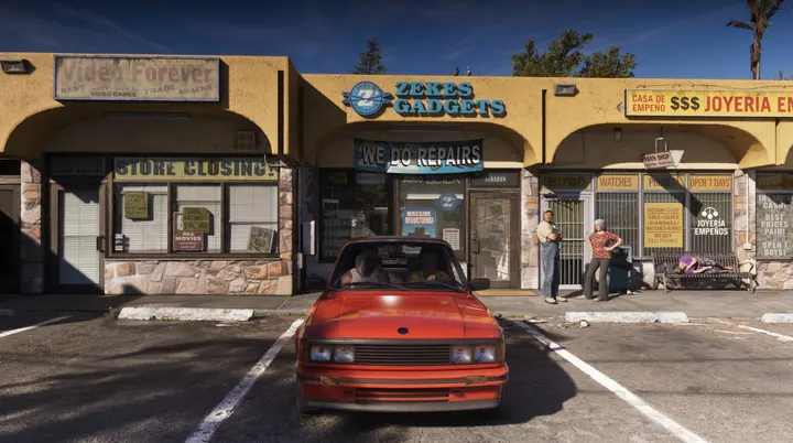 Red coupe outside Zekes Gadgets