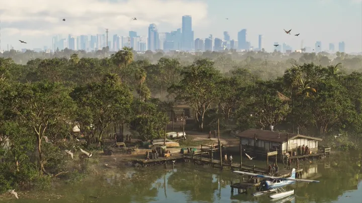 Stilt docks under the skyline
