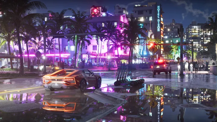 Rainy neon night on Ocean Drive