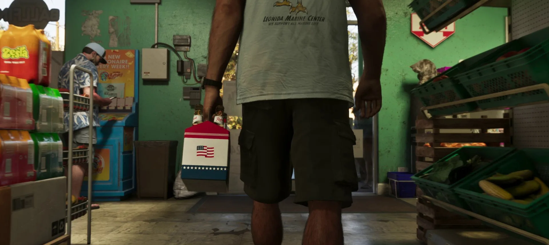 A worker carries a cooler through a stocked corner store in GTA 6