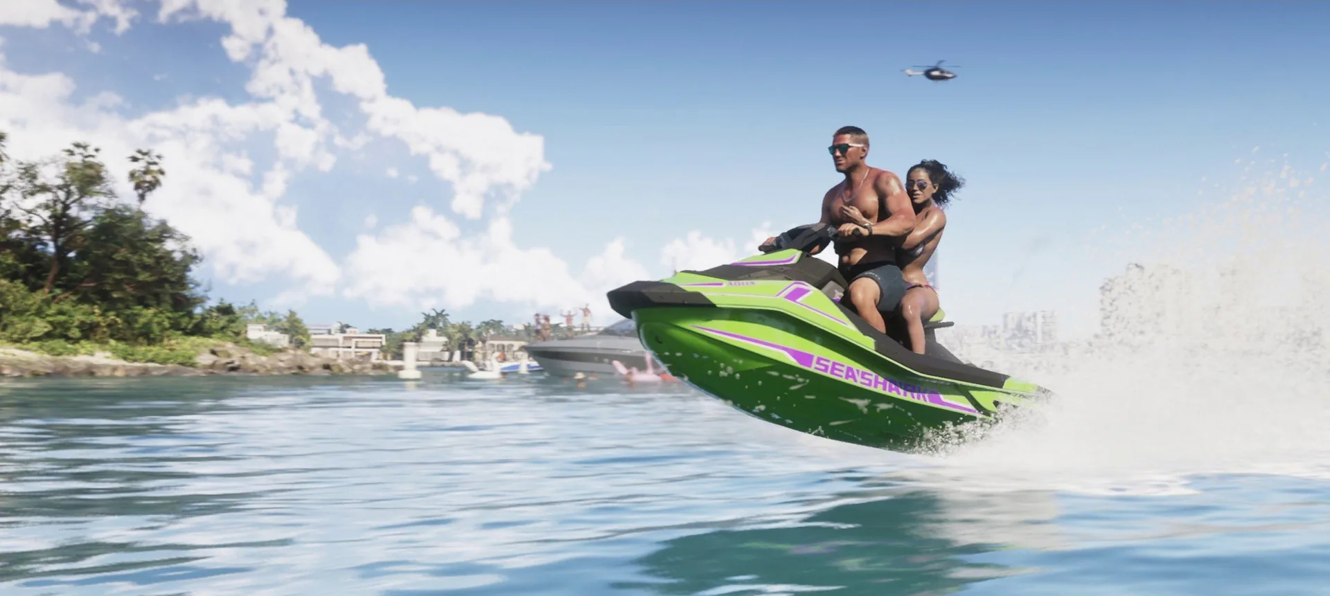 Jason and Lucia ride a bright green jet ski across open water in GTA 6 with a police helicopter overhead