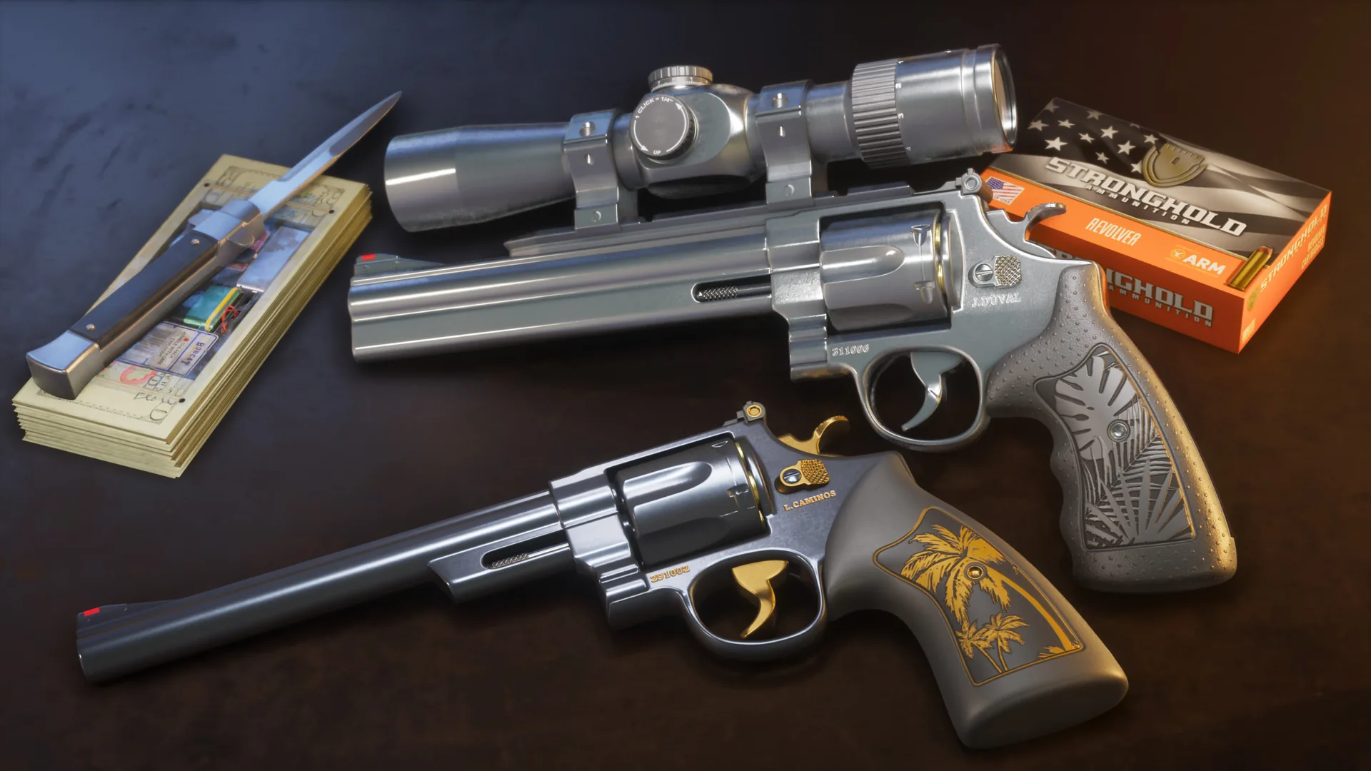 Two engraved revolvers marked J Duval and L Caminos beside cash and a switchblade in GTA 6
