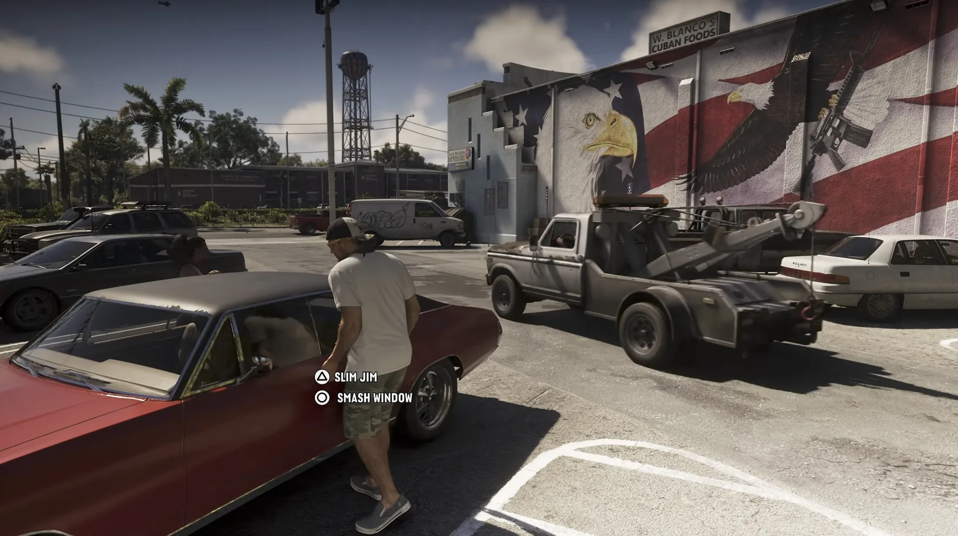 Jason stands beside a parked red muscle car in GTA 6 choosing between Slim Jim and Smash Window button prompts as a tow truck passes.