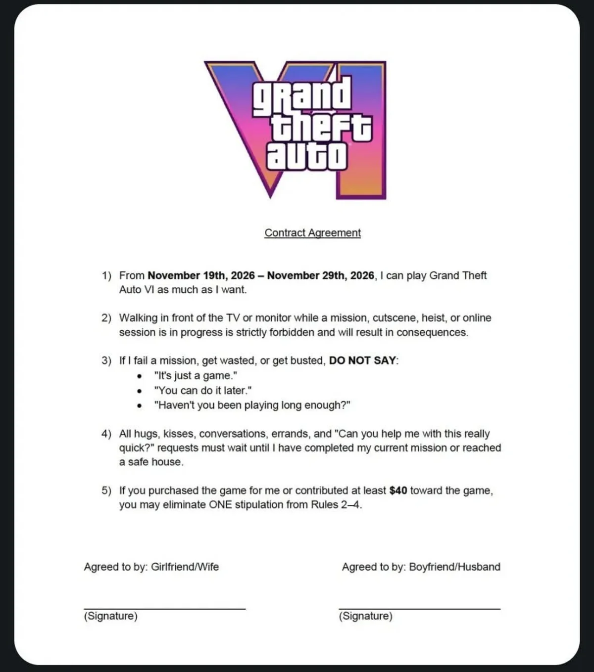 The printed GTA 6 launch week contract with all five stipulations and signature lines