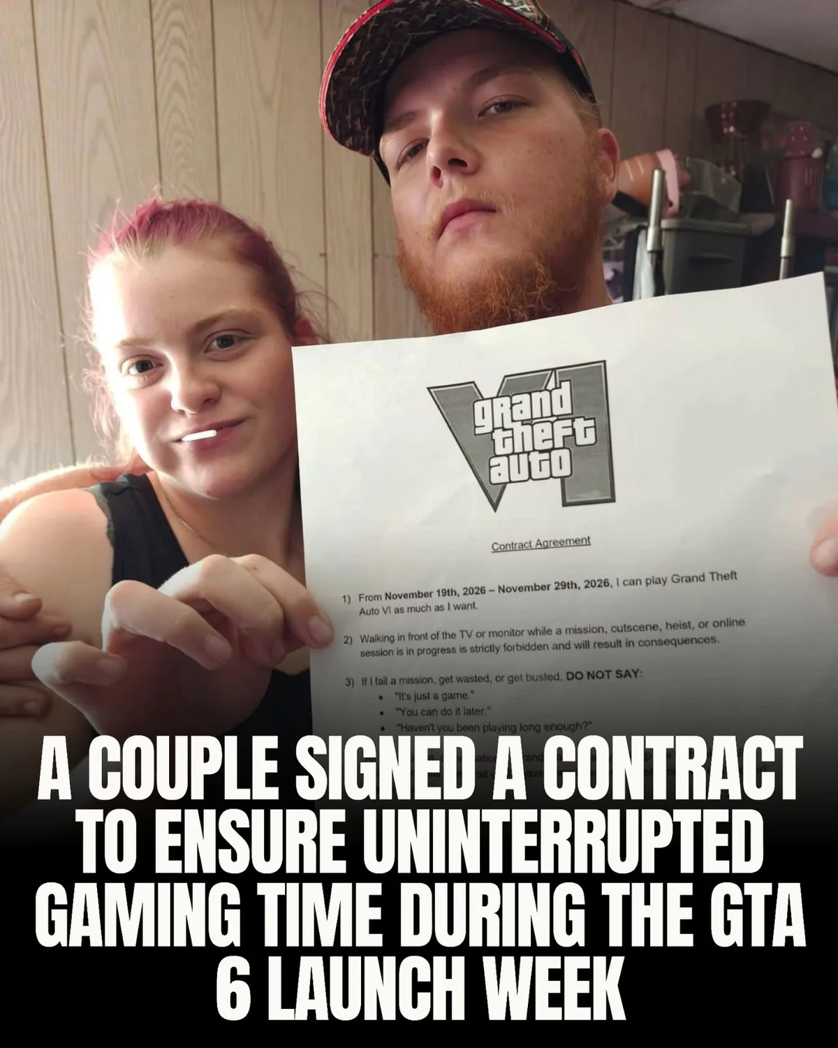 A real couple holding the printed GTA 6 launch week contract they both signed