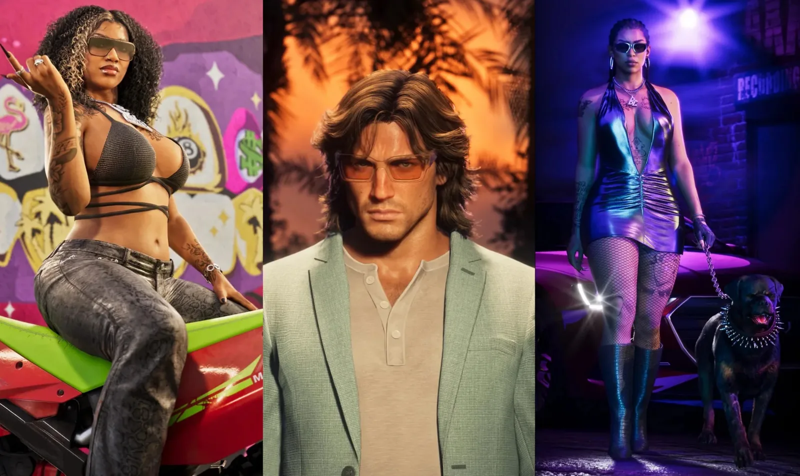 Three GTA 6 character portraits side by side: a woman on a dirt bike, Jason in a suit, a woman walking a rottweiler at night