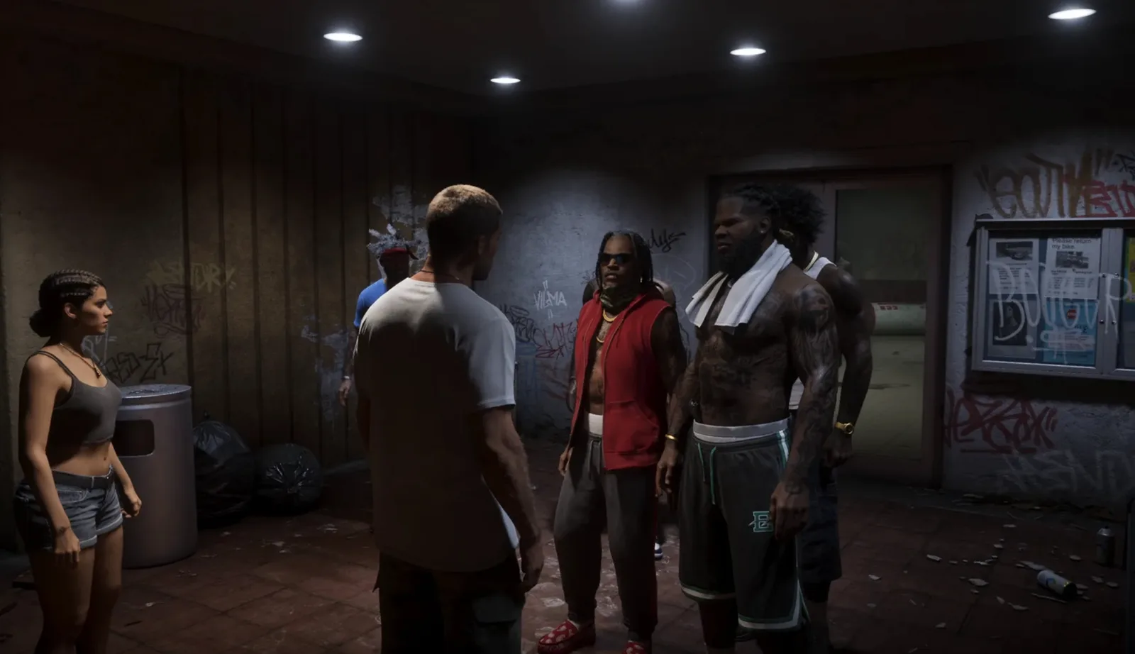 Jason faces off against two gang members in a graffiti-covered courtyard in GTA 6