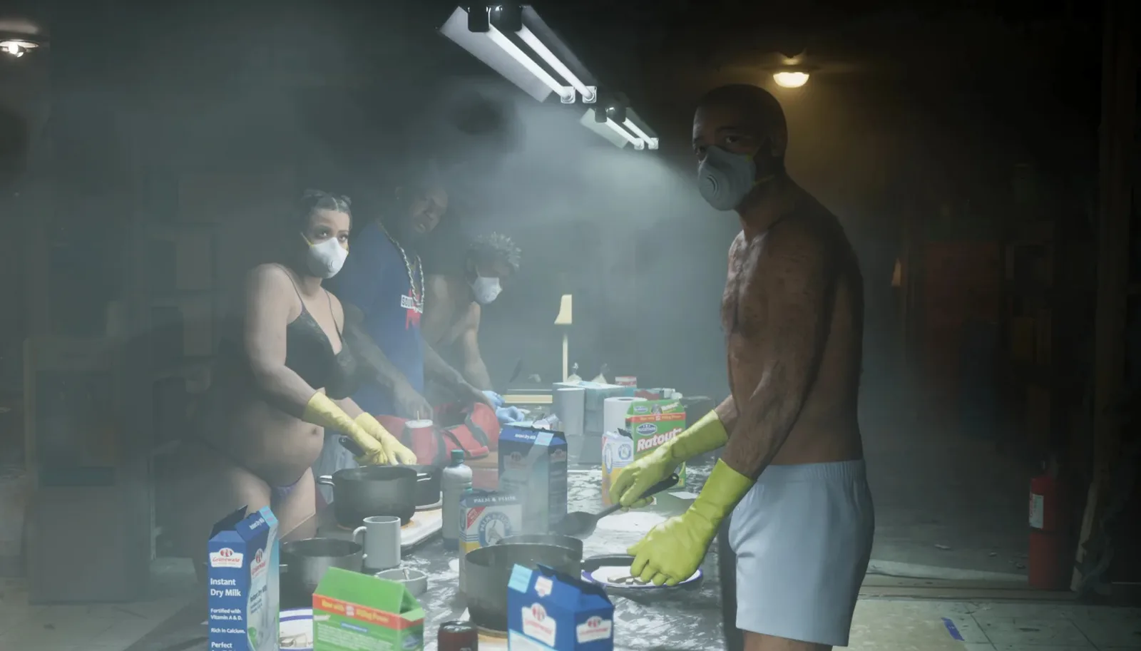 Masked characters cook in a smoke-filled makeshift drug lab in GTA 6