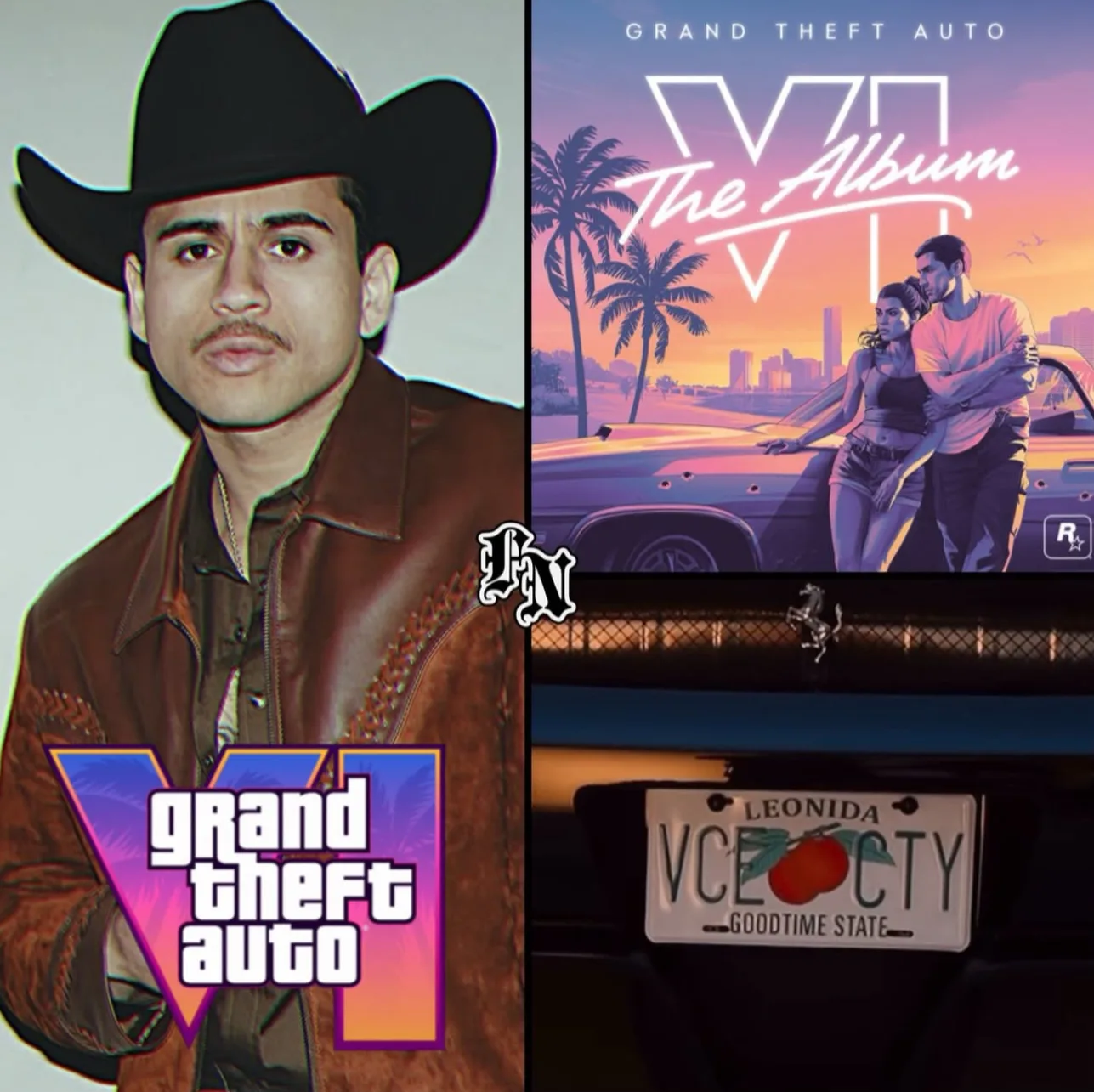Collage of a Fuerza Regida member in a cowboy hat, the GTA VI The Album cover art and the Leonida licence plate
