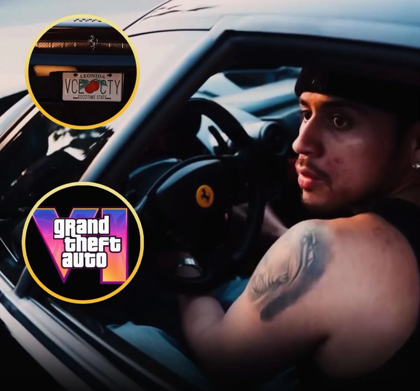 A Fuerza Regida member driving a Ferrari with insets of the Leonida VCE CTY plate and the GTA VI logo