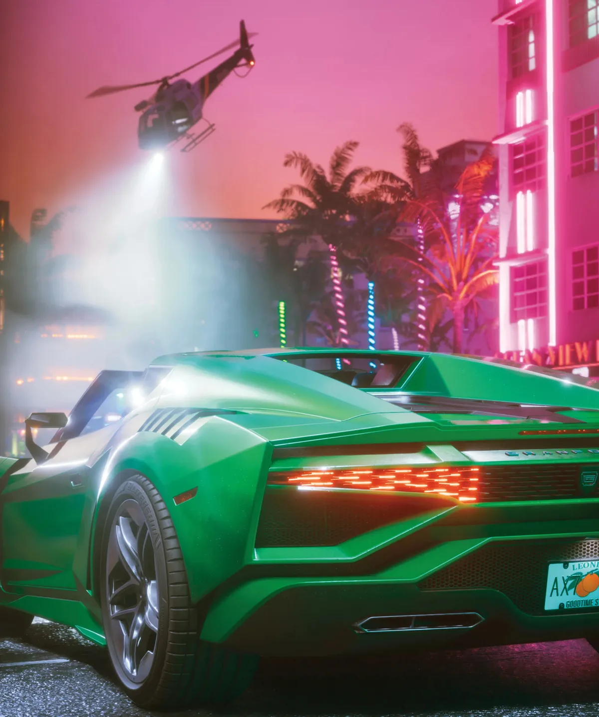 A green supercar under a police helicopter spotlight on a neon lit Vice City street in GTA 6