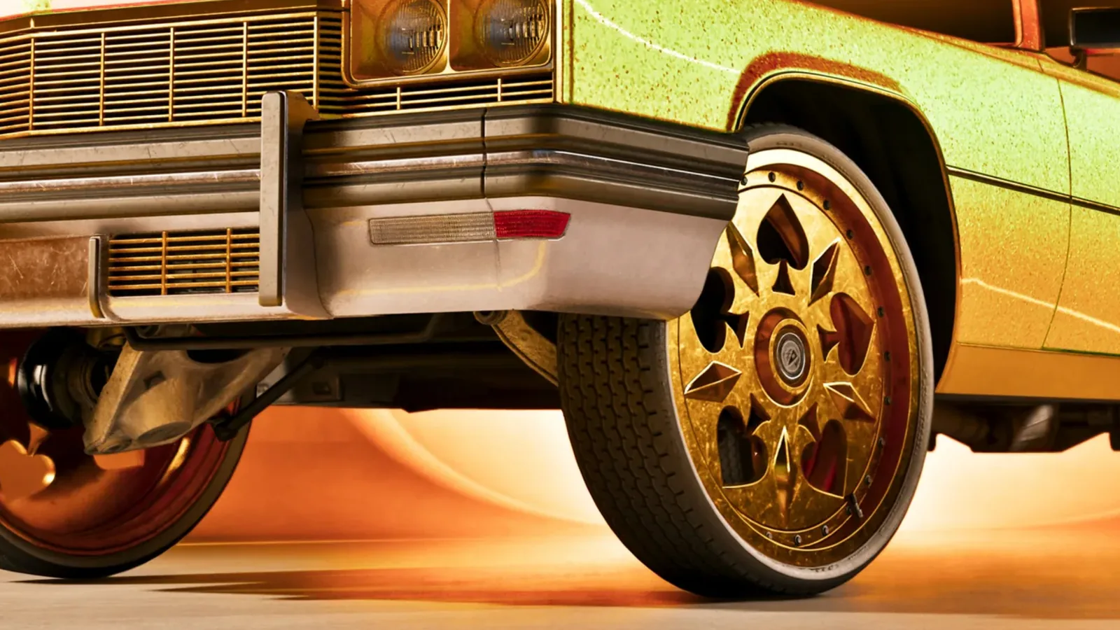 Low angle of a lifted donk in GTA 6 with gold wheels, exposing bumper depth and suspension parts underneath