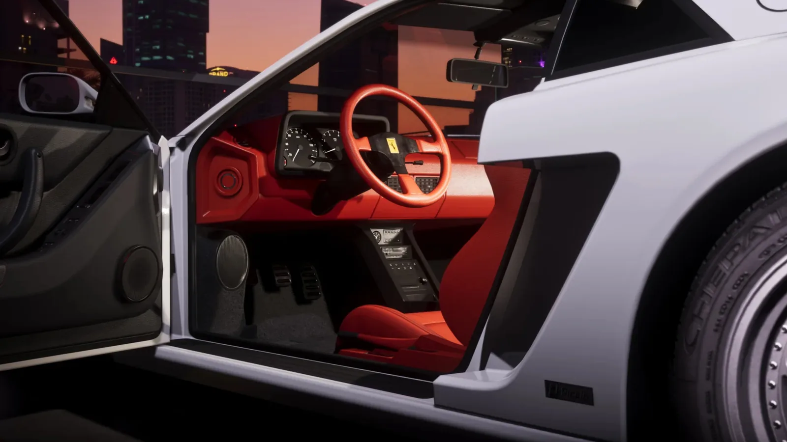Open door of a white sports car in GTA 6 revealing a fully modeled red interior with dashboard and pedals