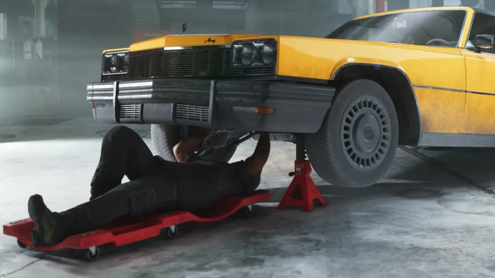 A mechanic on a creeper working under a yellow sedan raised on jack stands in a GTA 6 garage