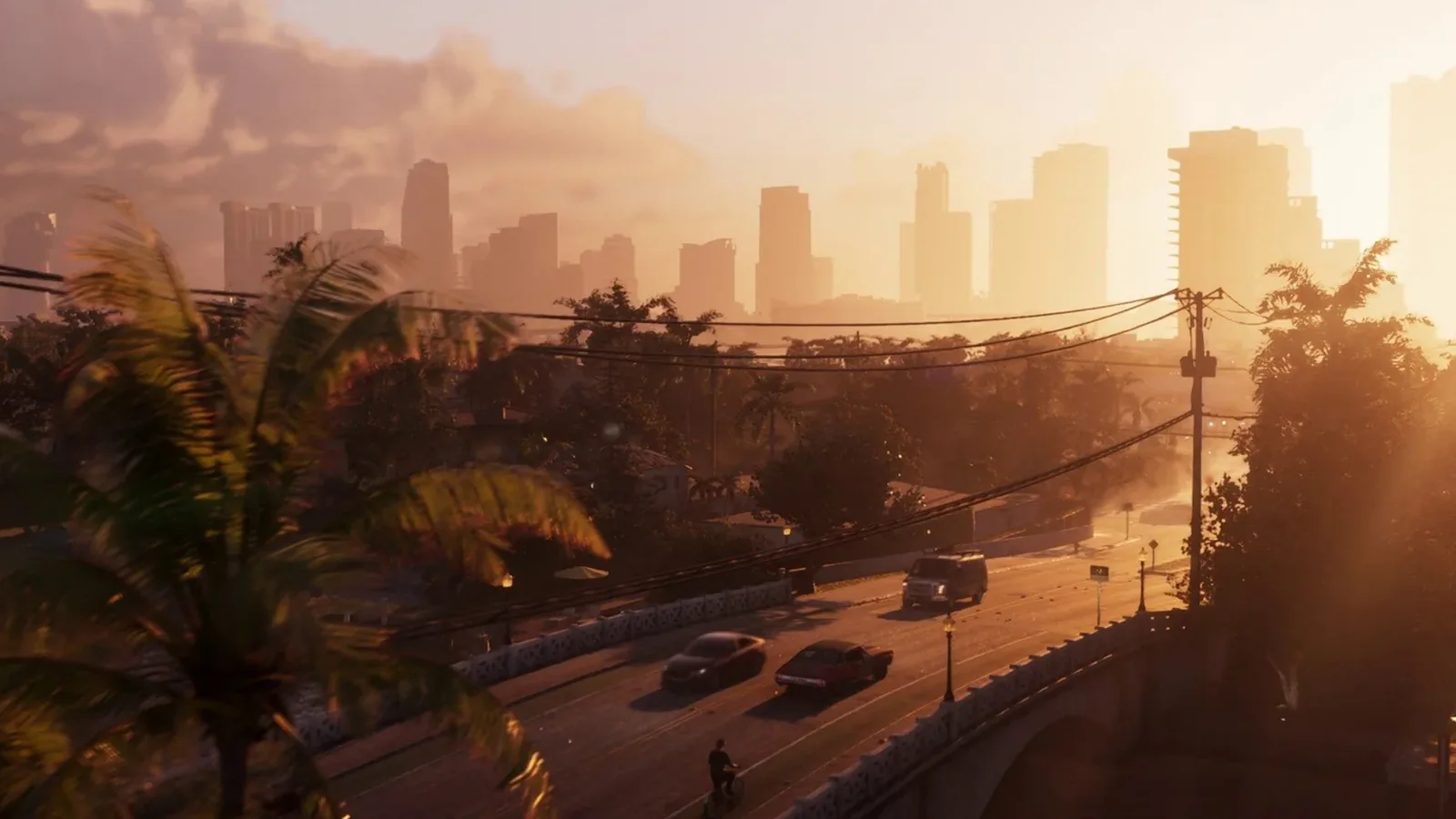 Vice City skyline at sunrise seen from a palm lined causeway in GTA 6