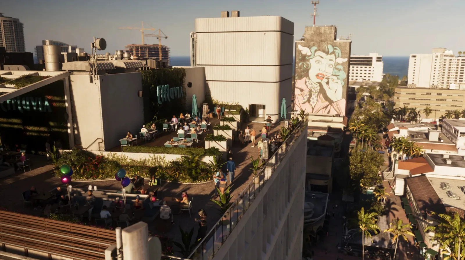 Aerial view of a rooftop bar terrace above Vice City streets with a large mural in GTA 6