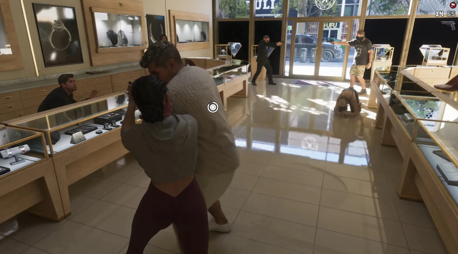 A jewellery store interior with glass display cases during a robbery scene in GTA 6