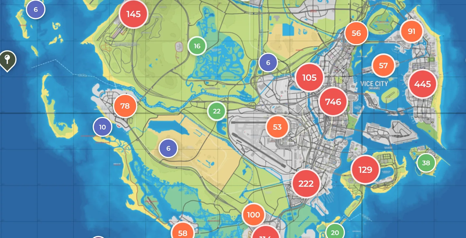 The leonida.gtadb.org community map of Leonida with clustered landmark markers around Vice City