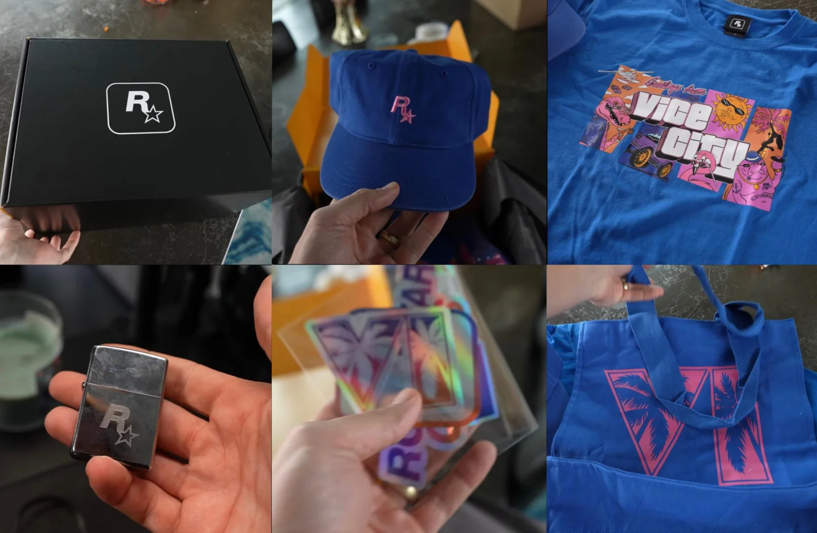 Grid of GTA 6 creator package items: Rockstar box, cap, Vice City tee, Zippo, hologram sticker and VI tote