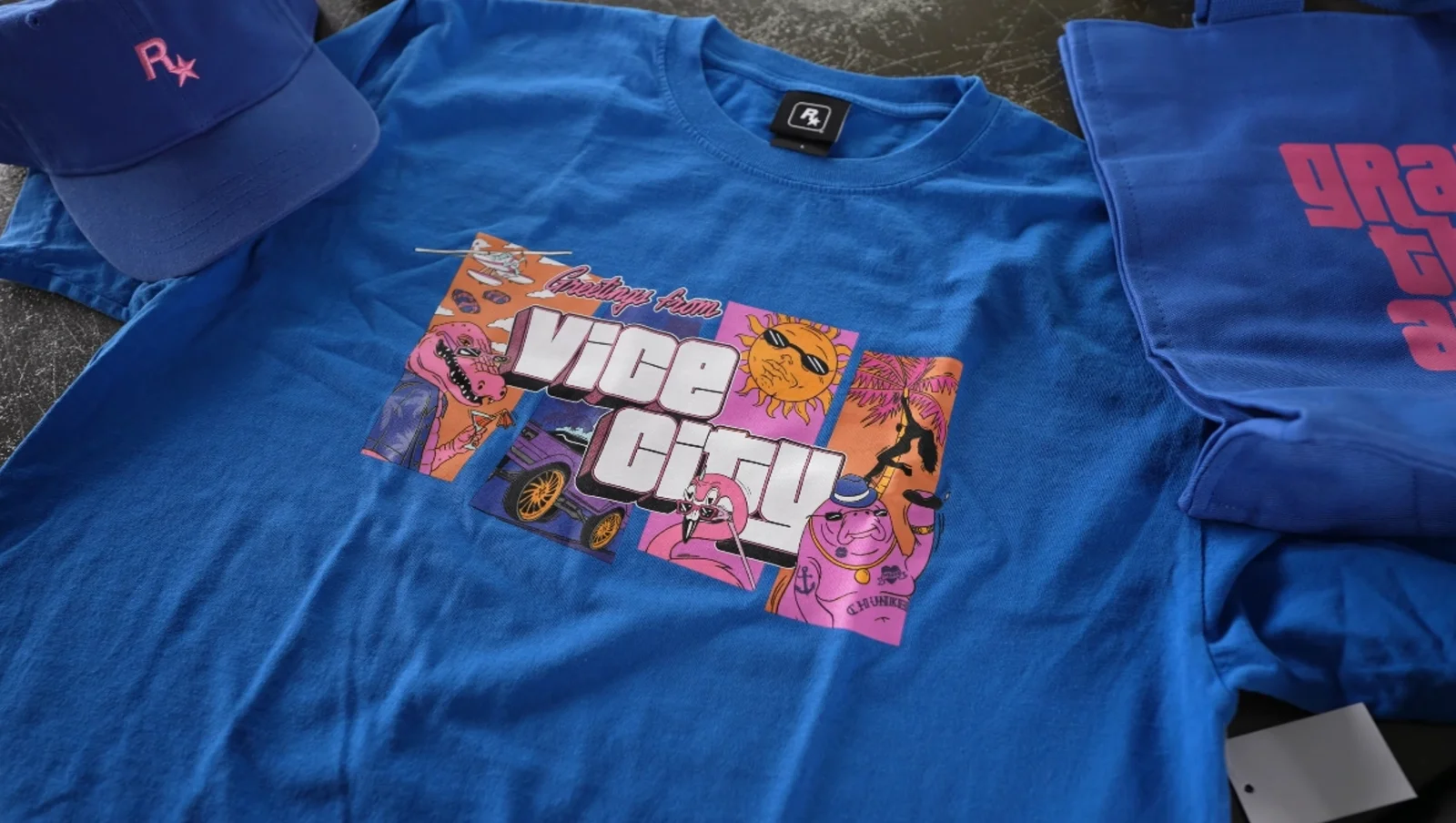 Greetings from Vice City tee with a blue Rockstar cap and tote from a GTA 6 creator package
