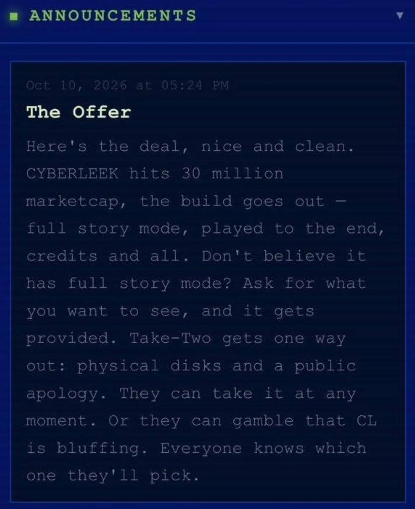 The Offer announcement on the Cyberleek site, dated October 10, laying out the 30 million market cap ultimatum and the disc demand