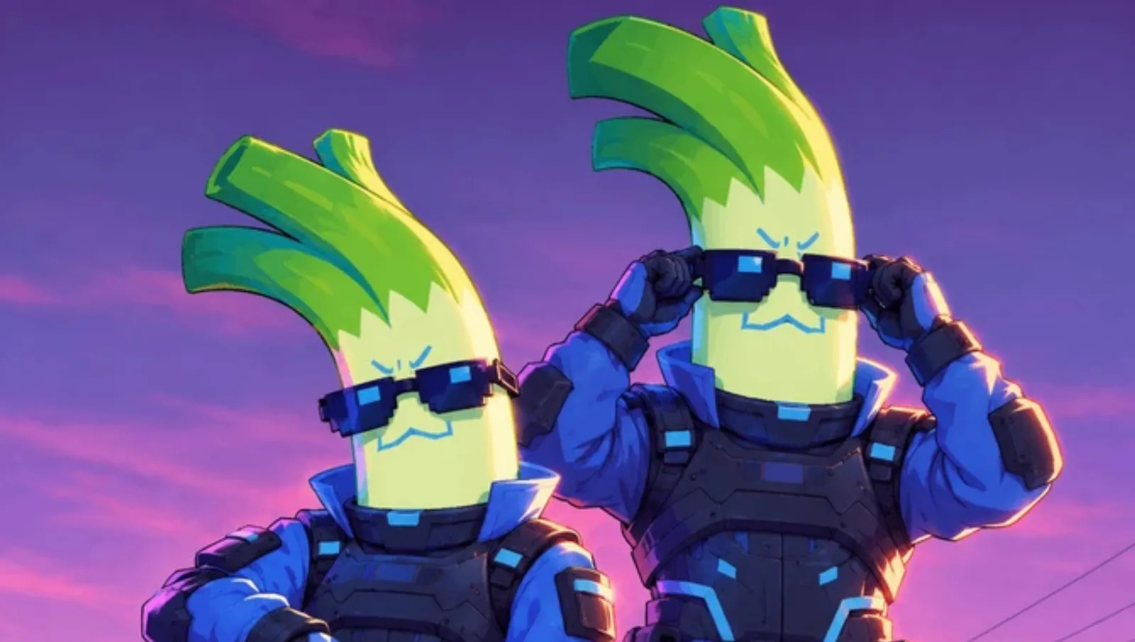 Cartoon artwork of two leek mascots in tactical armour and pixel sunglasses against a purple sky, the branding the Cyberleek operation uses