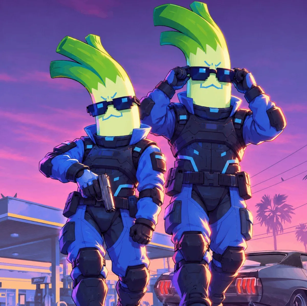 Illustration of two Cyberleek mascots in tactical suits with pistols outside a gas station at dusk