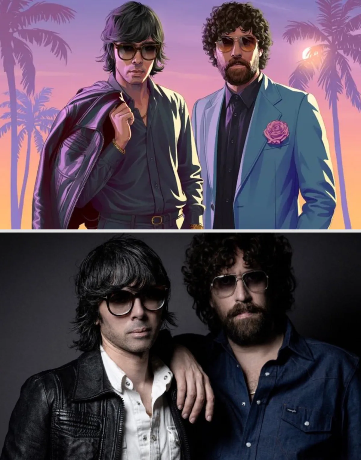 Gaspard Auge and Xavier de Rosnay of Justice photographed in black jackets against a dark background