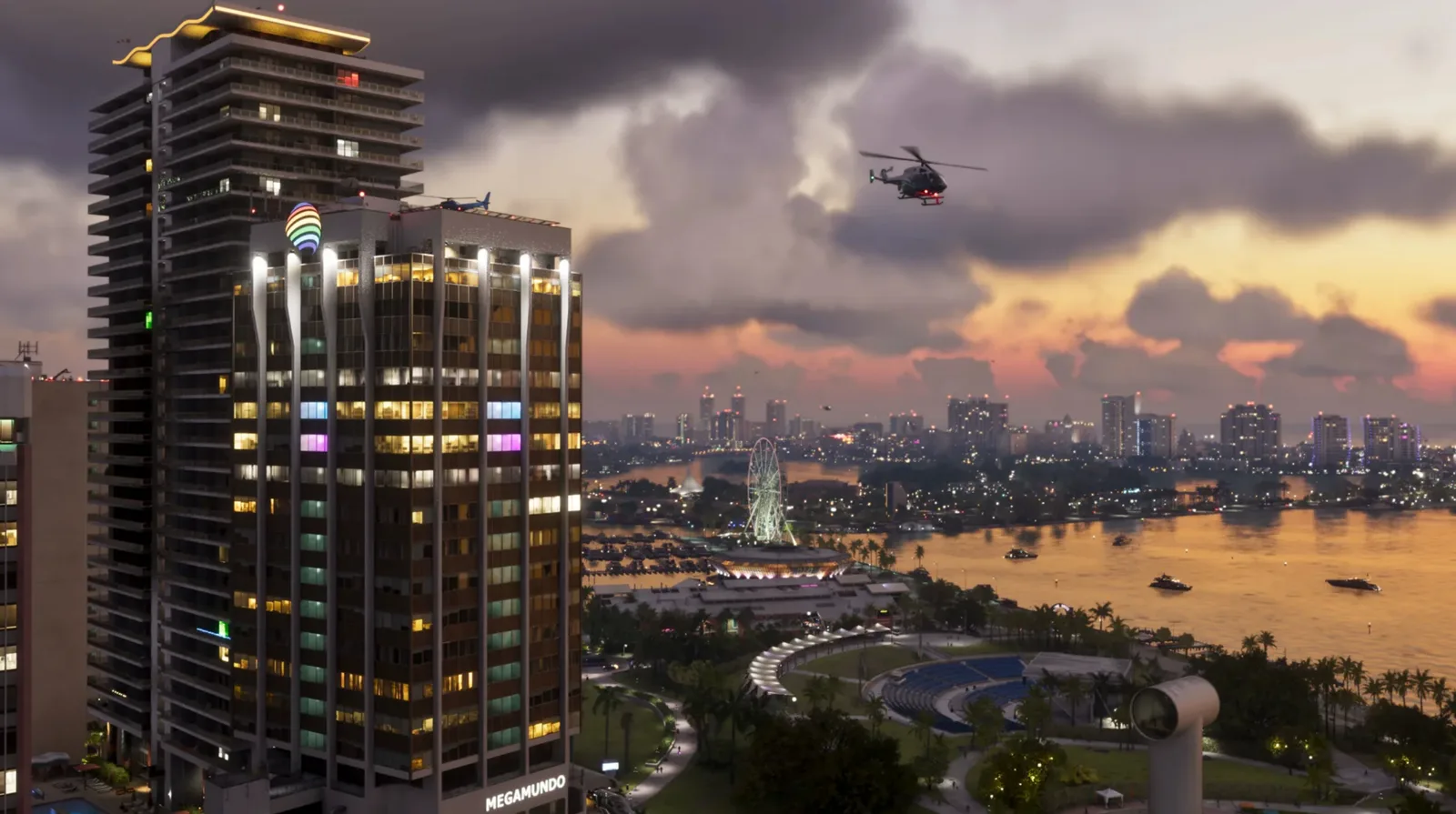 Hazy sunset view over the Vice City skyline with a helicopter and a ferris wheel in GTA 6
