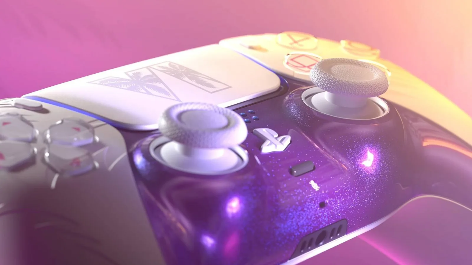 Close-up of the GTA 6 limited edition DualSense touchpad with the VI logo under studio lighting