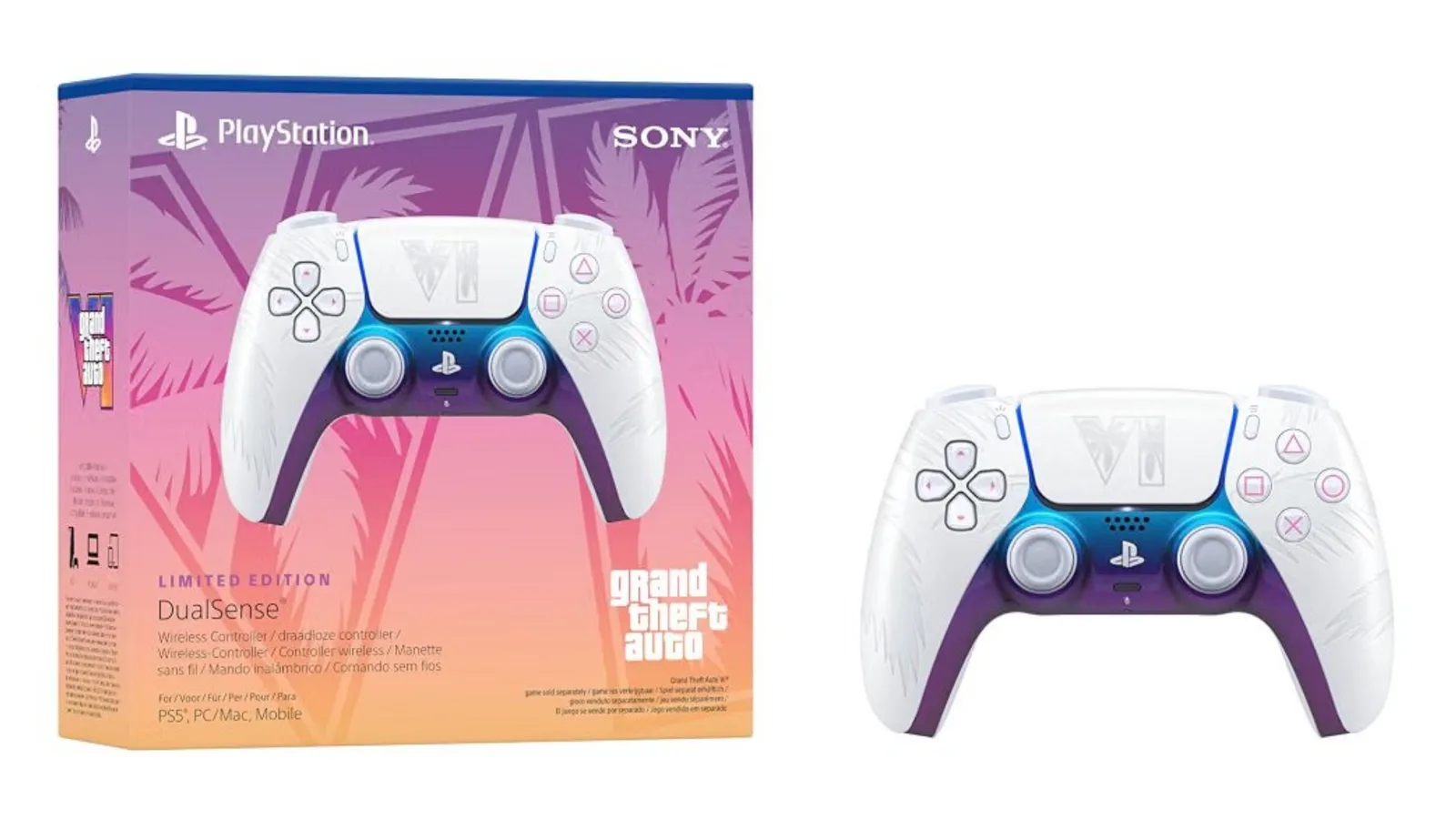 Retail box for the white GTA 6 limited edition DualSense controller with Vice City artwork