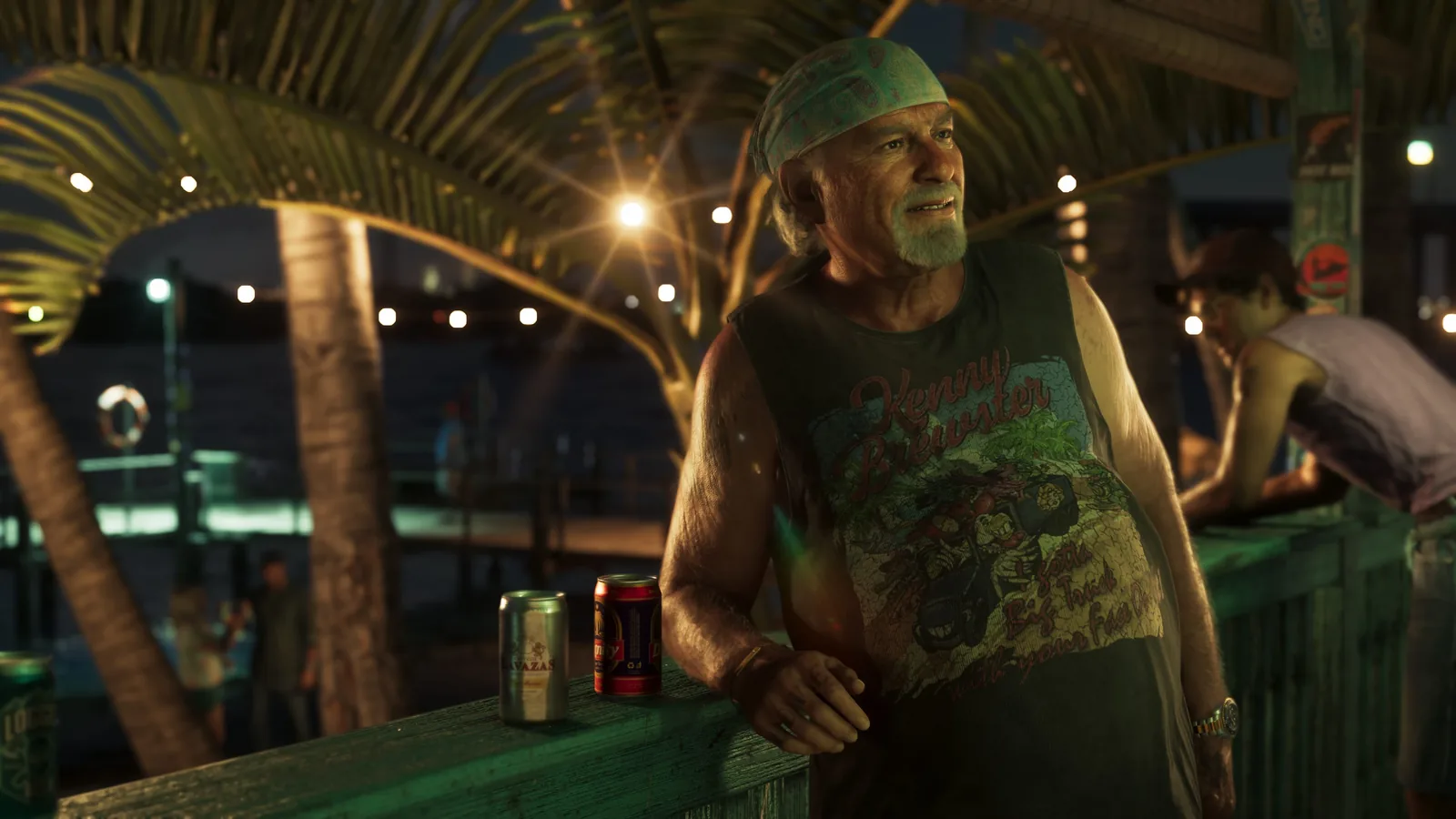 An older man in a bandana and cutoff shirt leaning on a beach bar railing at night in GTA 6