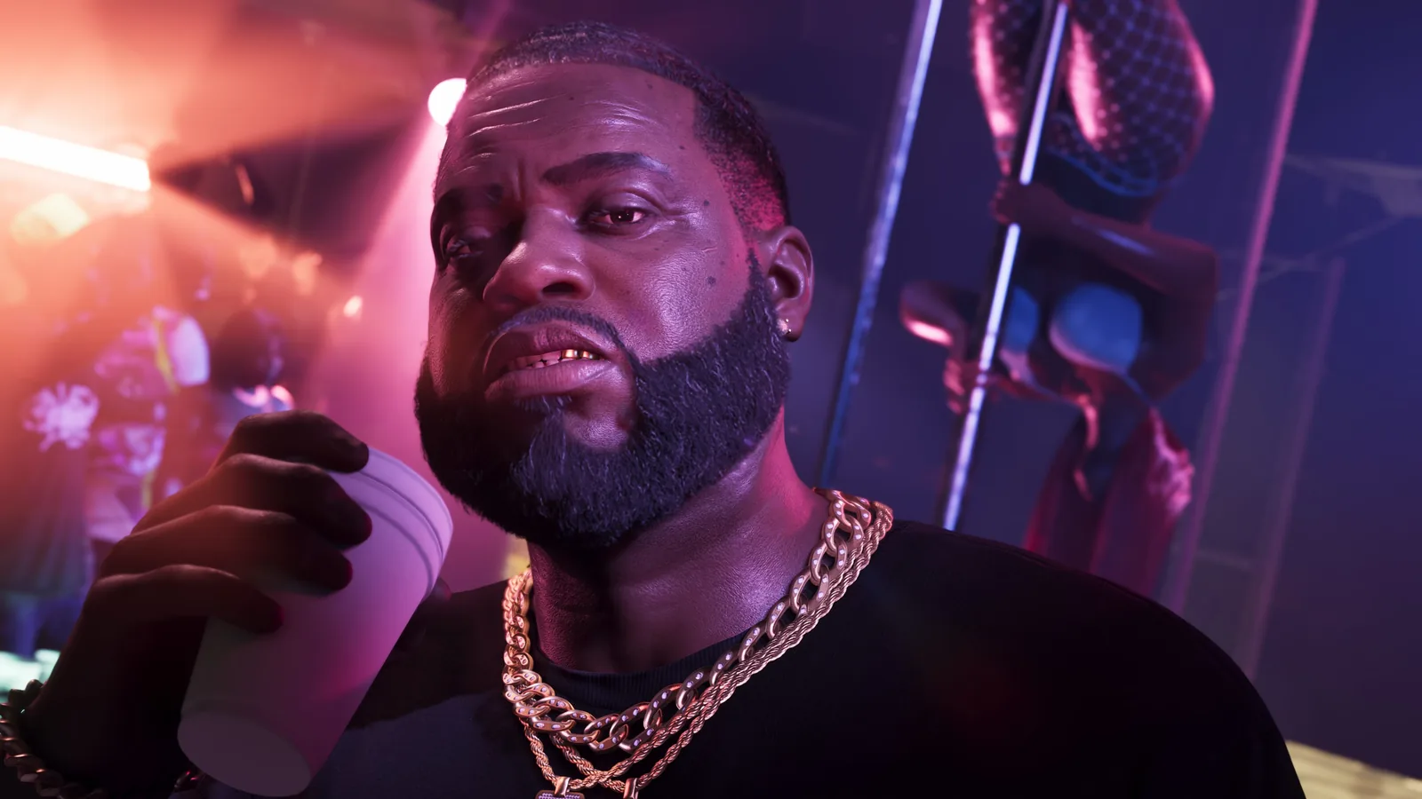 A man in gold chains sipping from a white cup inside a neon-lit club in GTA 6